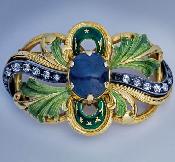 Art Nouveau Sapphire Diamond Enamel Gold Brooch
