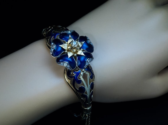 Antique Blue Enamel Diamond Gold Bangle Bracelet - image 2