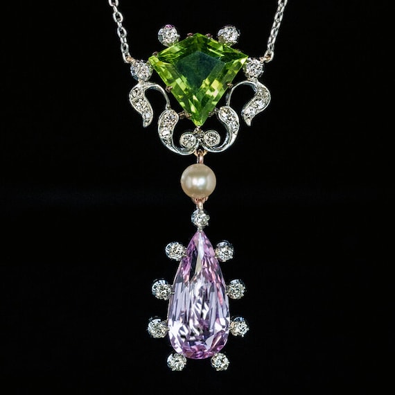 Art Nouveau Antique Peridot Pink Topaz Pearl Diam… - image 1