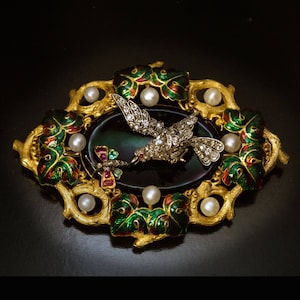 1840s Large Jeweled Gold Enamel Brooch