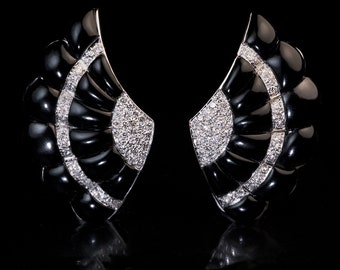 Art Deco Vintage Carved Onyx Diamond White Gold Clip Earrings