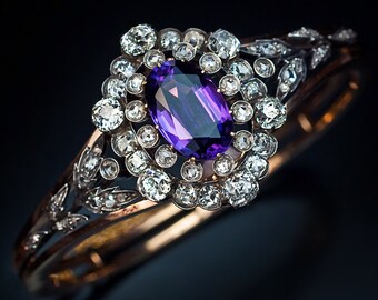 Siberian Amethyst Diamond Antique Russian Bangle Bracelet - Early 1900s Jewelry