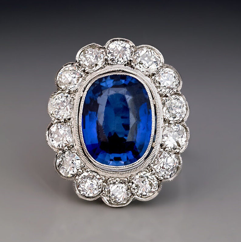 Antique Sapphire Diamond Cluster Engagement Ring in Platinum | Etsy