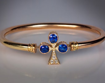 1800s Antique Sapphire Diamond and Gold Bangle Bracelet - Victorian Jewelry