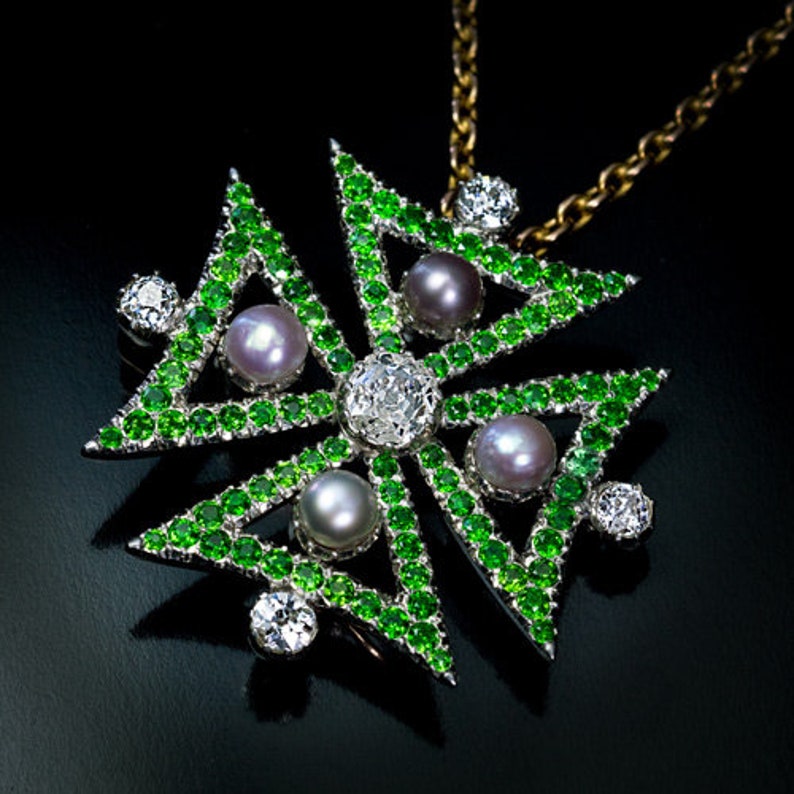 Antique Victorian Diamond Demantoid Pearl Maltese Cross Image 0