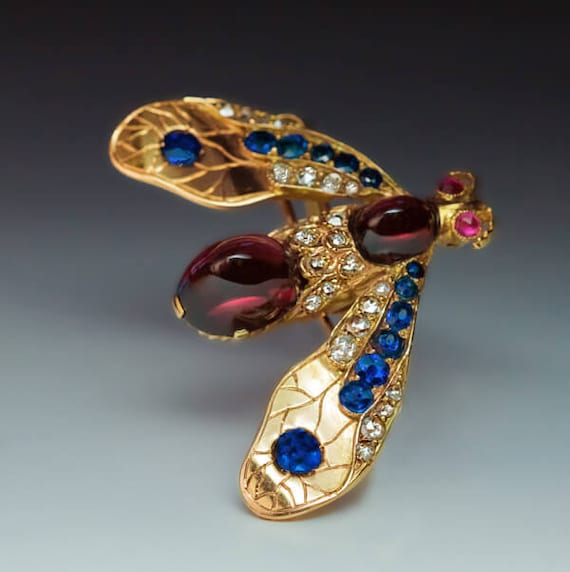 19th Century Antique Jeweled Gold Insect Brooch