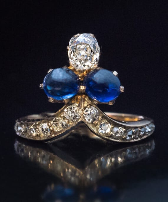 Belle Époque Antique Cabochon Sapphire Diamond Tia