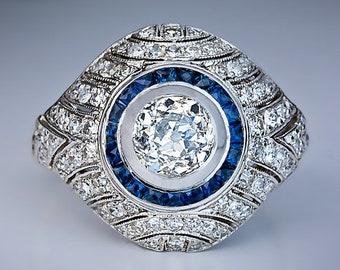 Art Deco Domed Bombe Diamond Sapphire Ring