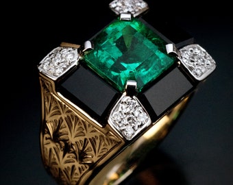 Art Deco Colombian Emerald Diamond Onyx Cocktail Ring