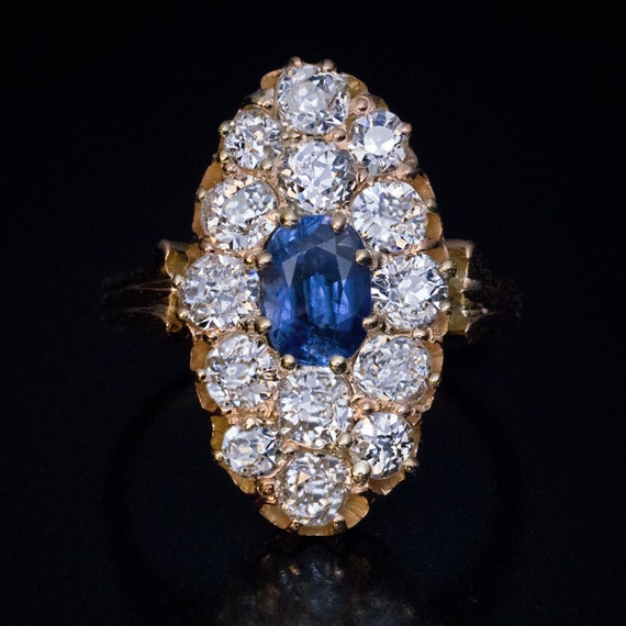 Antique Sapphire Old Mine Cut Diamond Cluster Ring