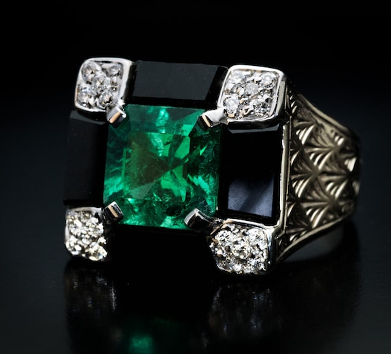 Art Deco Colombian Emerald Diamond Onyx Cocktail … - image 4