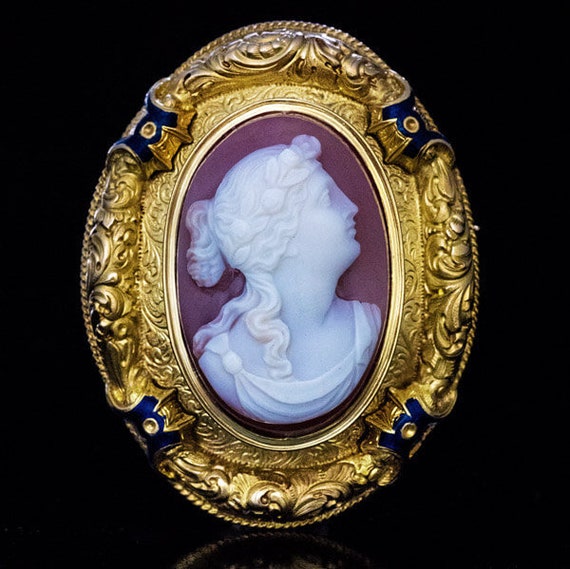 Antique French Sardonyx Cameo Gold Enamel Brooch