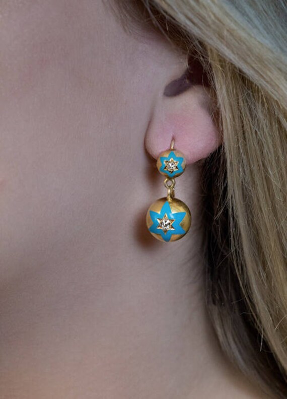 Antique Gold Blue Enamel Diamond Drop Earrings - image 2