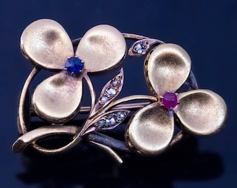 Antique Art Nouveau Ruby Sapphire Diamond Clover Brooch