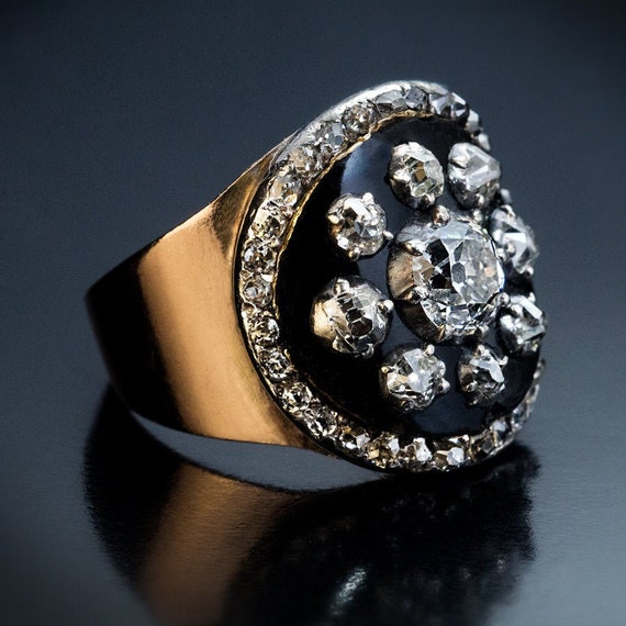 Rare Antique Black Enamel Diamond Gold Unisex Ring - image 1