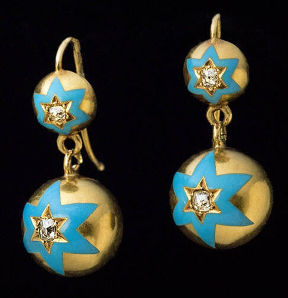 Antique Gold Blue Enamel Diamond Drop Earrings