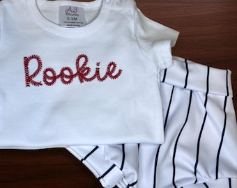 Embroidered Rookie Baseball Onesie with Pinstripe Diaper Cover Baby Baseball Outfit