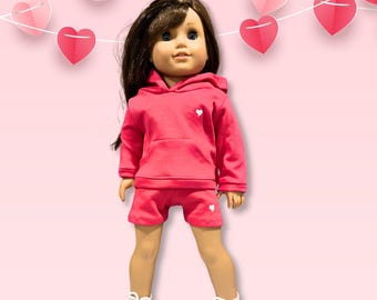 Hot pink Doll Hoodie and Shorts fits American Girl Doll Gift for girls custom embroidered heart sweatshirt