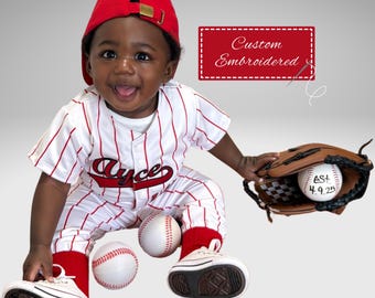 Custom Embroidered Baby Baseball Jersey and Pants Baseball-themed birthday outfit with Full Front Design