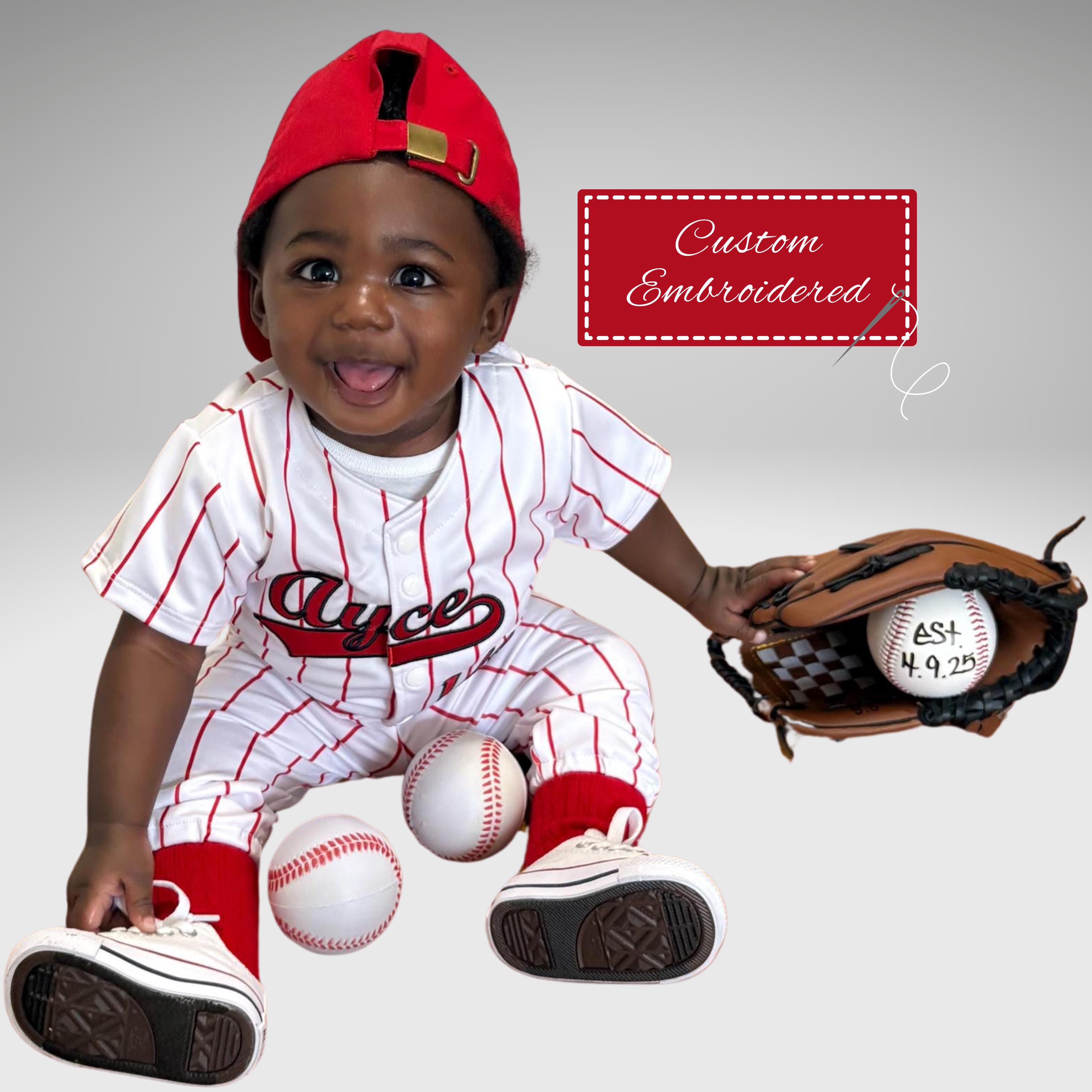 Custom Embroidered Baby Baseball Jersey and Pants Baseball-themed birthday outfit with Full Front Design