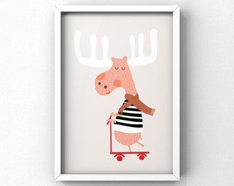 Moose art print, Boho art print for nursery,  moose play room print, baby animal art, moose nursery wall art