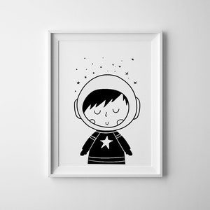 astronaut art print, Space nursery art in black and white, galaxy nursery decor, space and universe, boys room illustration