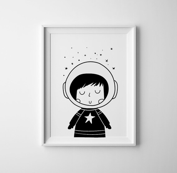 Astronaut Girl Print For Girls Room Black And White Scandinavian Nursery Decor Space And Universe Nursery Art Space And Galaxy
