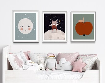 Wall Art print set of 3 | Nursery room decor | Space theme Nursery Room  Print | whimsical nursery wall Art |  baby room | Wall Decor baby