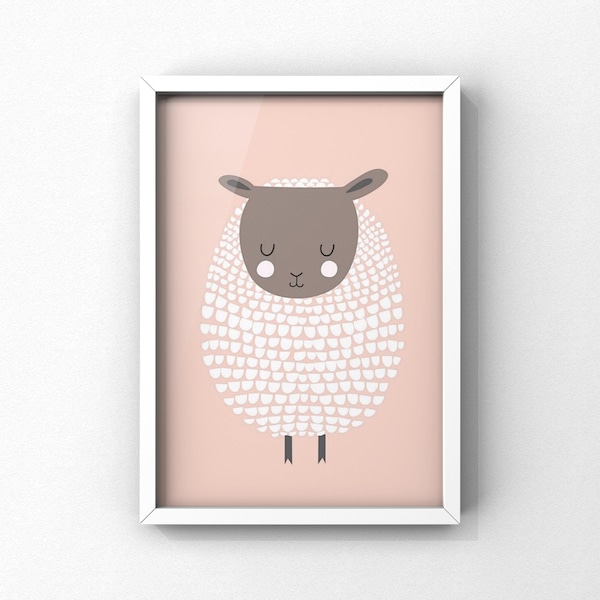 Pink Sheep Print, pink Sheep Art, Lamb Print, Lamb Art, Sheep Nursery Art, Sheep Kids Art, Barnyard Art, Sheep Illustration