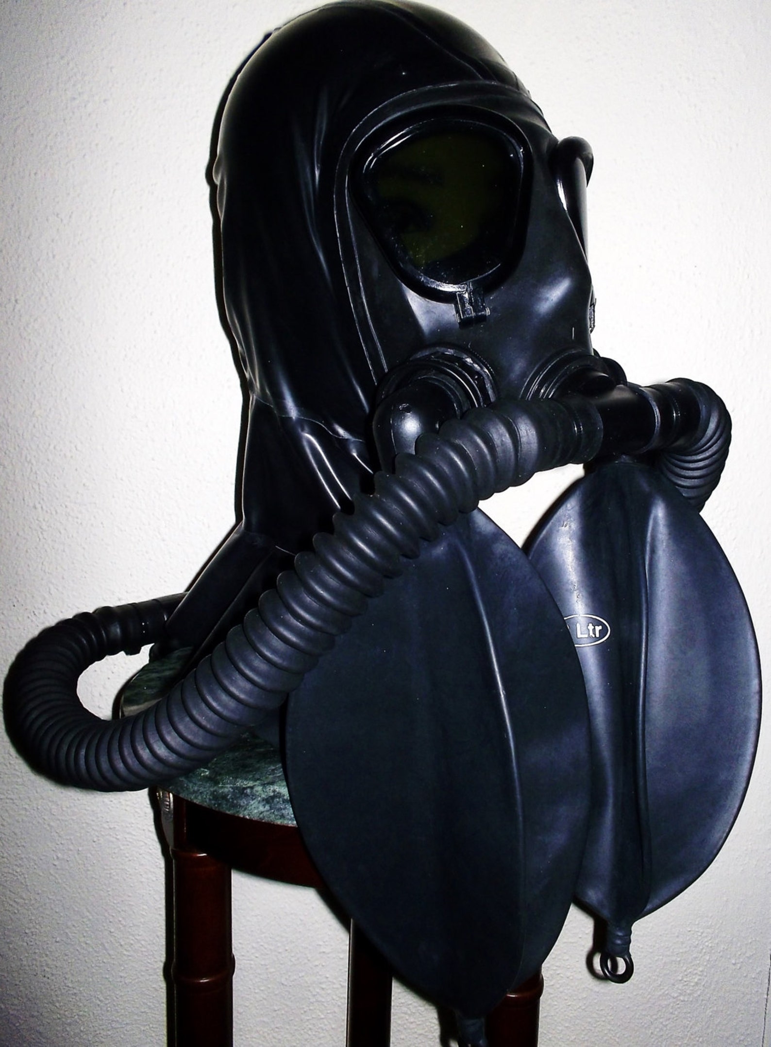 Fetish Heavy Rubber LATEX Gas Mask HOOD With Dark Tinted Lenses, Double Hoses and Two Detachable