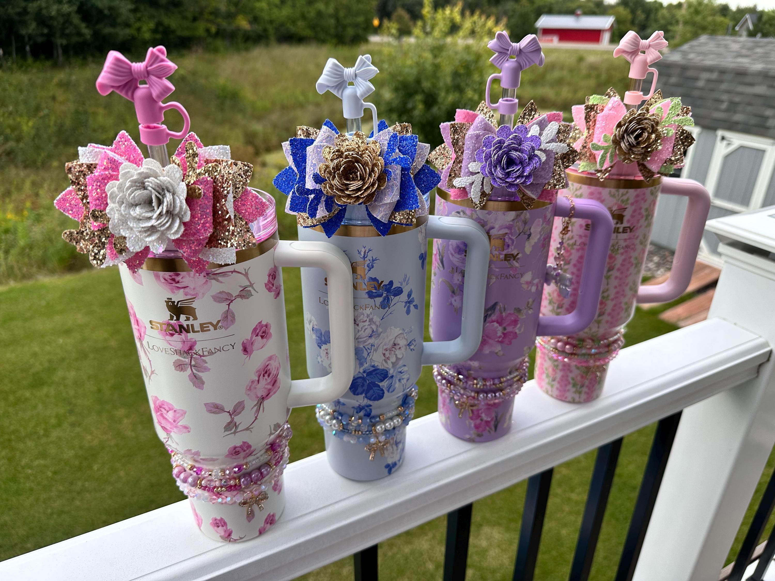 Loveshack Everblooming Rosettes Stanley Straw Bow - Blue and Gold