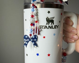Patriotic Straw dangle Accessory for Starry Stripes, Blue Ombre and Starry Sparkle Stanley - Double beaded dangle with Patriotic Charms