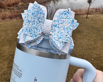 Spring Blue Straw Topper Bow Style 2 - white and blue glitter Stanley Straw Bow