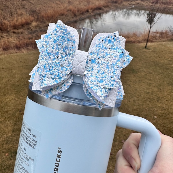 Spring Blue Straw Topper Bow Style 2 - white and blue glitter Stanley Straw Bow