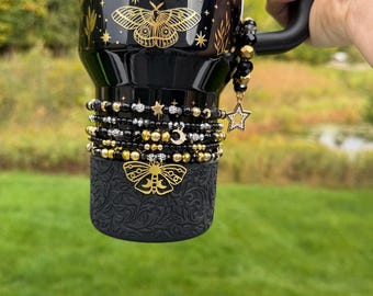 Black Magic Stanley Cup Bracelet Accessory - Gold and Black With Death Moth Charm