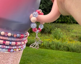 Sunset Spiral Beaded Handle Charm for Stanley with Magnetic Closure with optional butterfly charm