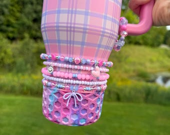Daydream Plaid Hydrojug Cup Bracelet Accessory - Pink, Lavender and Perwinkle with heart charms