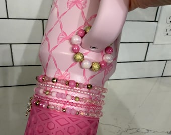 Baby Bow Pink Peppermint Beaded Handle Charm for Loveshack Fancy Stanley with Magnetic Closure