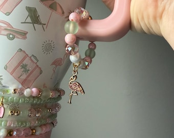 Road Trip Hydrojug Beaded Handle Charm with Magnetic Closure - Pink, White and Green with optional Flamingo Charm