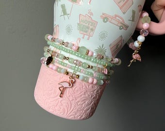 Road Trip Hydrojug or Stanley Bracelet Accessory - Pink, White and Green with flamingo charm