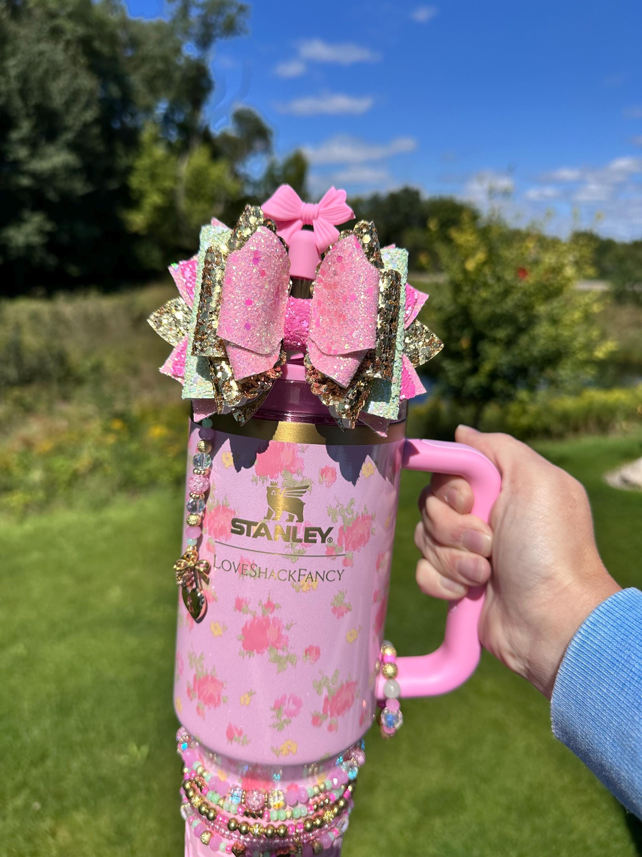 Ibiza Sunset Loveshack Fancy Stanley Straw Bow - Pink, Gold and 