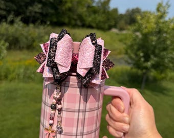 Pillow Talk Plaid Hydrojug Spout Bow or Stanley Straw Bow - Pink, Brown and Burgundy