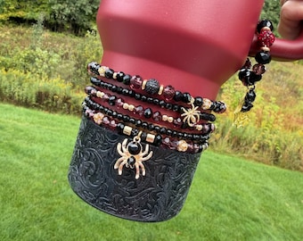 Lace Bordeaux Stanley Cup Bracelet Accessory - Maroon and Black With Spider Charms