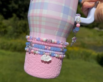 Lavender Dream Plaid Hydrojug Cup Bracelet Accessory - Pink, Lavender and White with stars and cloud charms