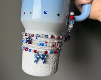 Patriotic Stanley Cup Bracelet Accessory - Red, White and Blue with Stars and Bow Charm - Starry Sparkle, Blue Starry Stripes
