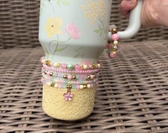 Spring Blossom Stanley Cup Bracelet Accessory - Flowers, Pink, Green, Yellow