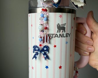 Patriotic Straw dangle Accessory for Pink Starry Stripes Stanley - Double beaded dangle with Patriotic Charms