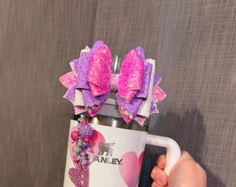 Frost Gradient Heart Stanley Straw Bow - Pink, Purple and White