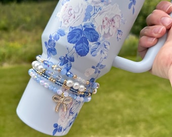 Love Shack Everblooming Rosettes Bracelets - Blue and White Accessory for Stanley