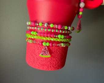 Fruit Punch Hydrojug or Stanley Bracelet Accessory - Coral, neon green with watermelon charm